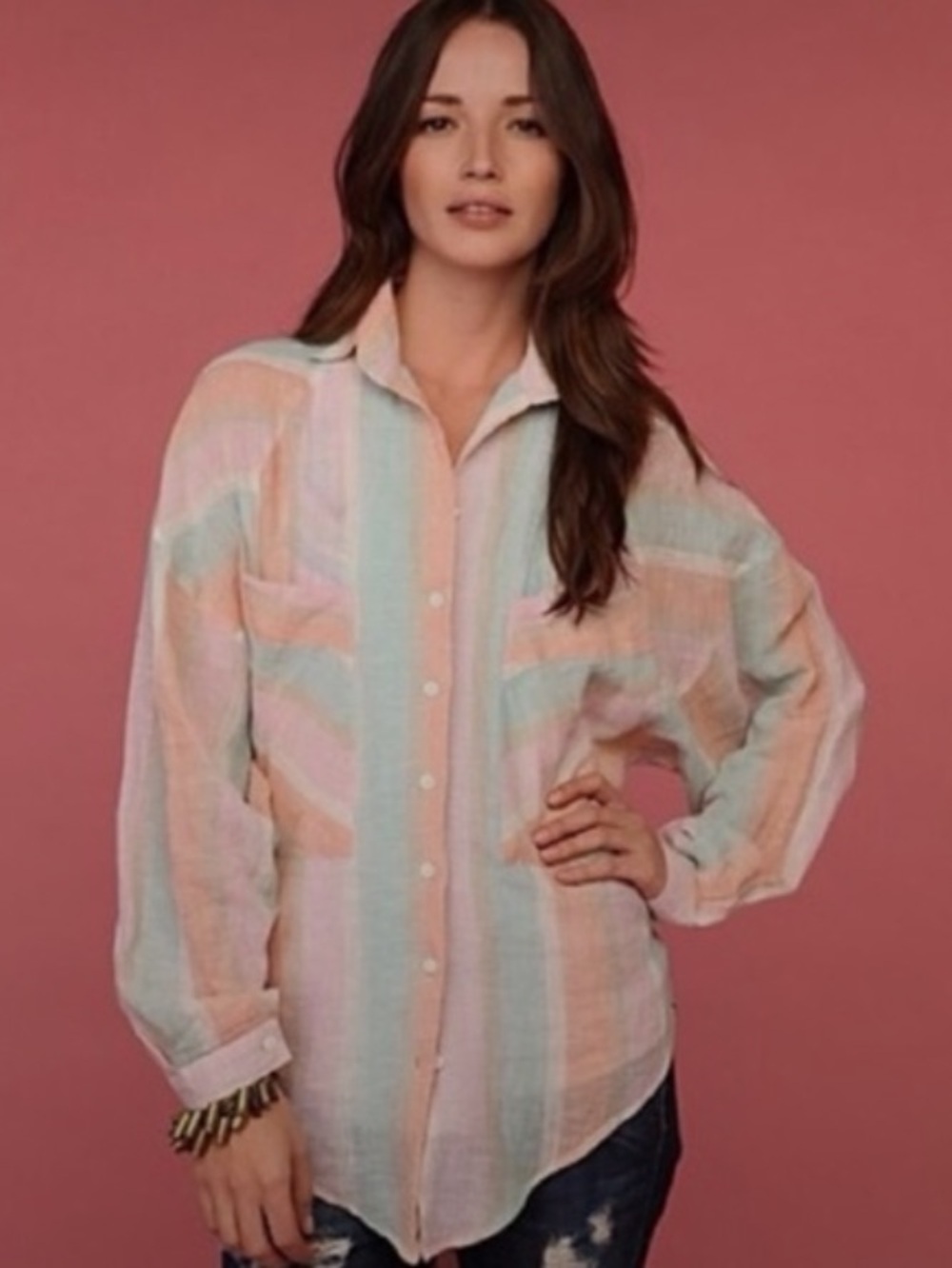 Free People | Pastel Stripe Linen Cotton Button Up Blouse Top Long Sleeve XS